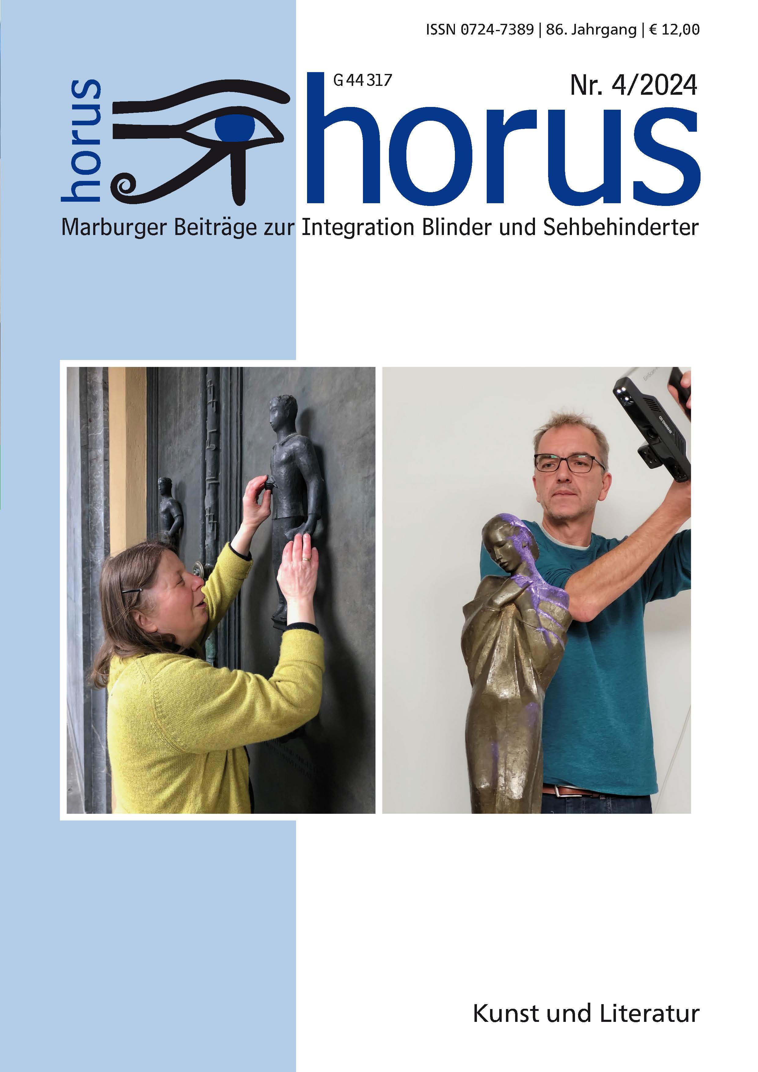 : Links: Monika Häusler ertastet mit ihren Händen eine Figur am Eingangsportal des Marburger Kunstmuseums. Foto: Ulrike Schönhagen. Rechts: Knut Büttner scannt "Adagio", die Bronze-Figurine von Georg Kolbe aus der Sammlung des Marburger Kunstmuseums. Foto: Imogen Grönninger